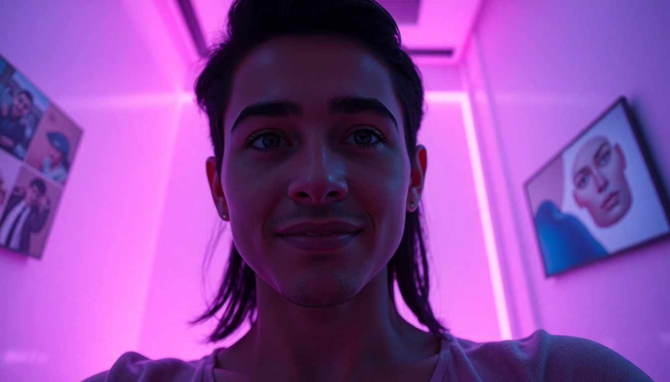 Engaging scene of a user interacting with a chatbot for free ai sex chat, featuring a futuristic interface and ambient lighting.