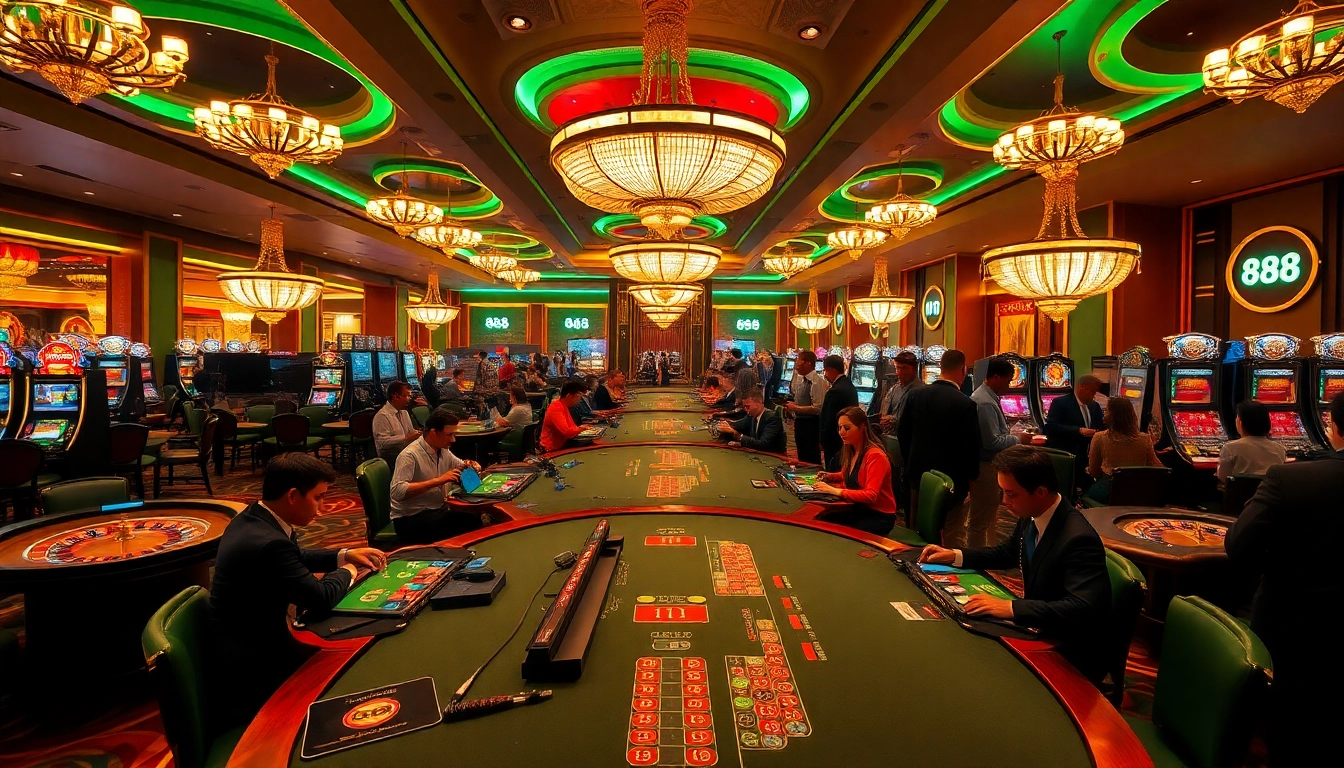 Experience excitement at u 888 with players enjoying blackjack and slot machines in a luxurious casino.