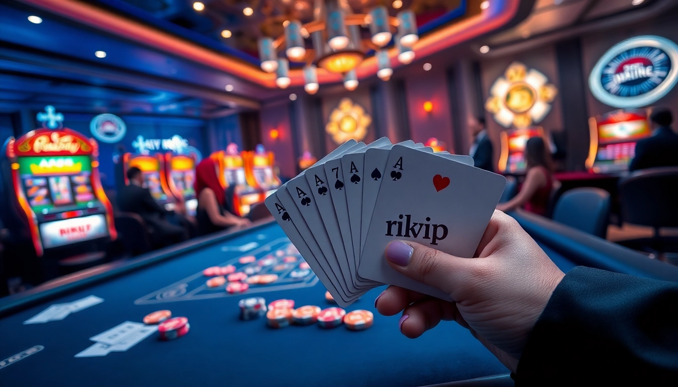 Experience a thrilling game at RIKVIP, featuring luxurious tables and vibrant chips.