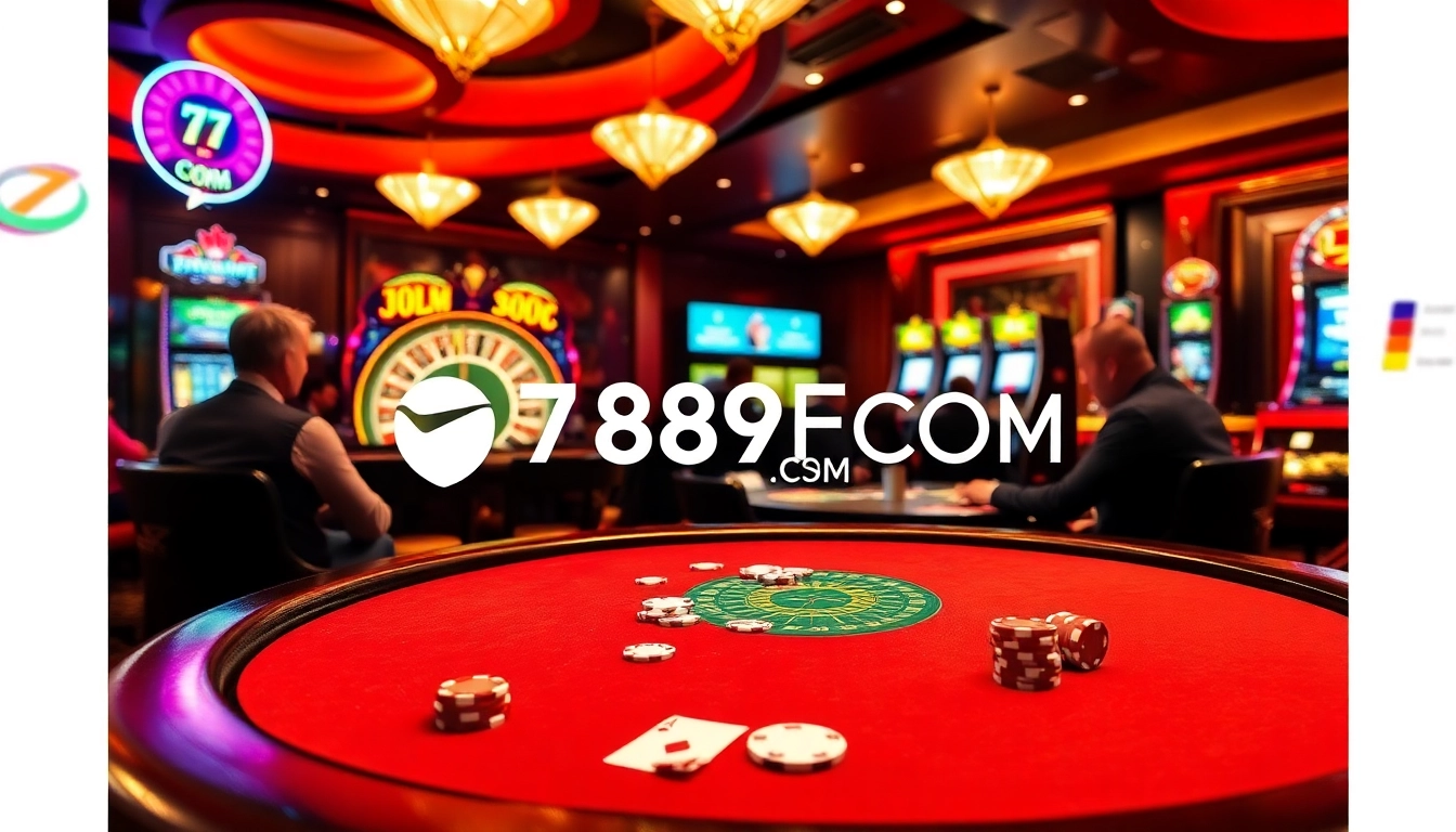 Players enjoying a thrilling poker game at 789F COM casino, with chips and cards scattered.