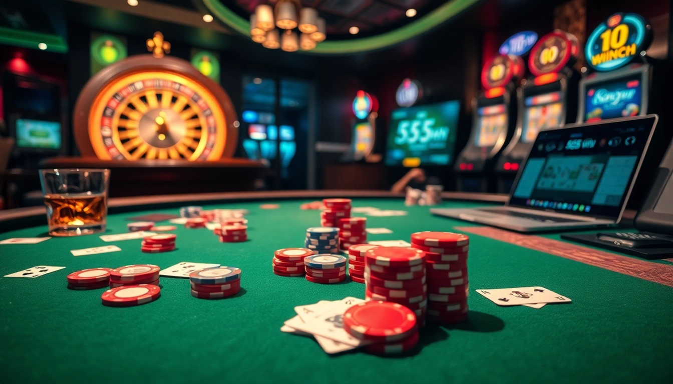 Experience the excitement of winning with 555 win in a luxurious casino setting featuring poker chips and vibrant cards.