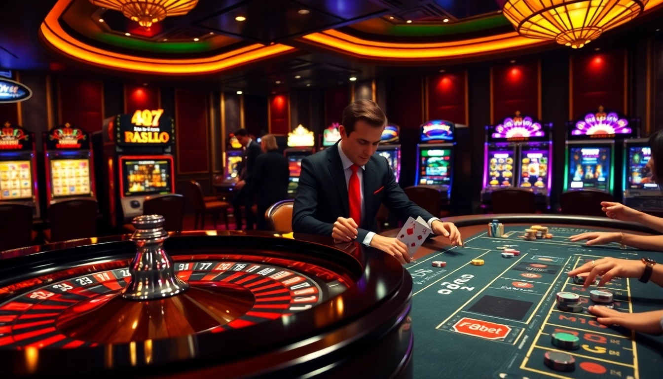 Experience thrilling gambling at https://f8bet.ventures/ with a vibrant casino scene filled with roulette tables and poker games.