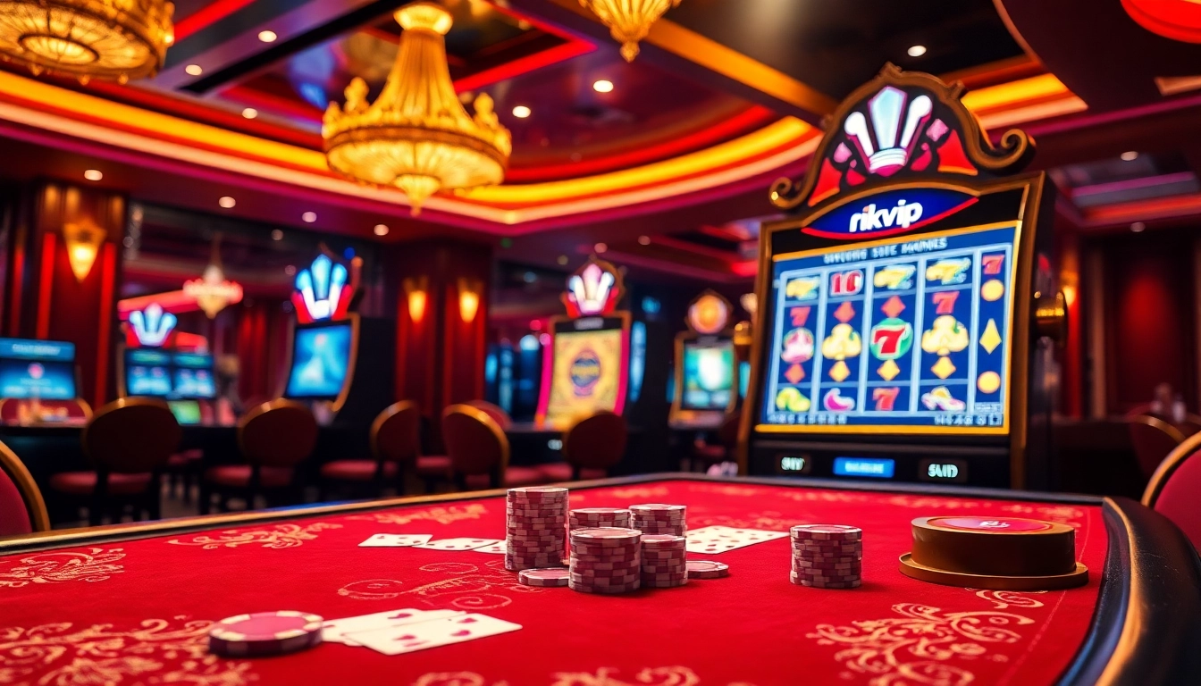 Play casino games at rikvip with vibrant cards and luxurious gaming tables.
